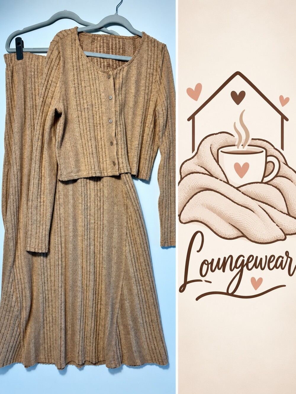 2 Piece Ribbed Knit Cardigan & Maxi Skirt Set Tan Brown Size L